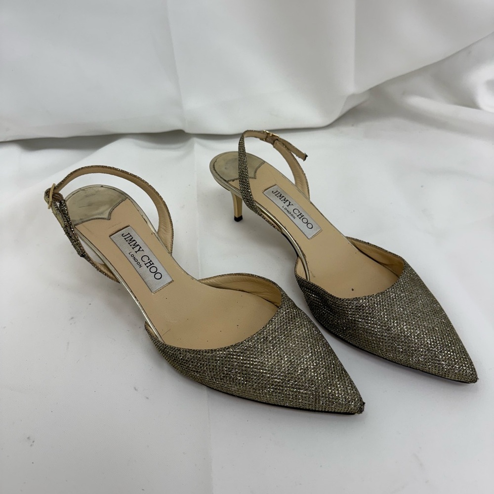 JIMMY CHOO METALLIC CHAMPAGNE SLING BACK KITTEN HEELS SIZE 39